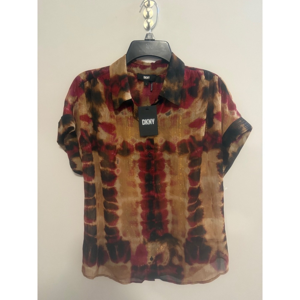 DKNY Womens Tie Dye Metallic Stripe Sheer Button Down Blouse Burgundy Gold Small